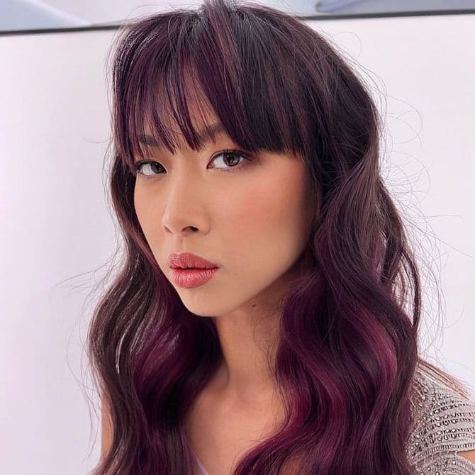 Shoulder Length Layers With Blunt Bangs And Deep Purple, Close-Up Take Shoulder Length Layers With Blunt Bangs And Deep Purple, Close-Up Take — Purple Hair Color Styles