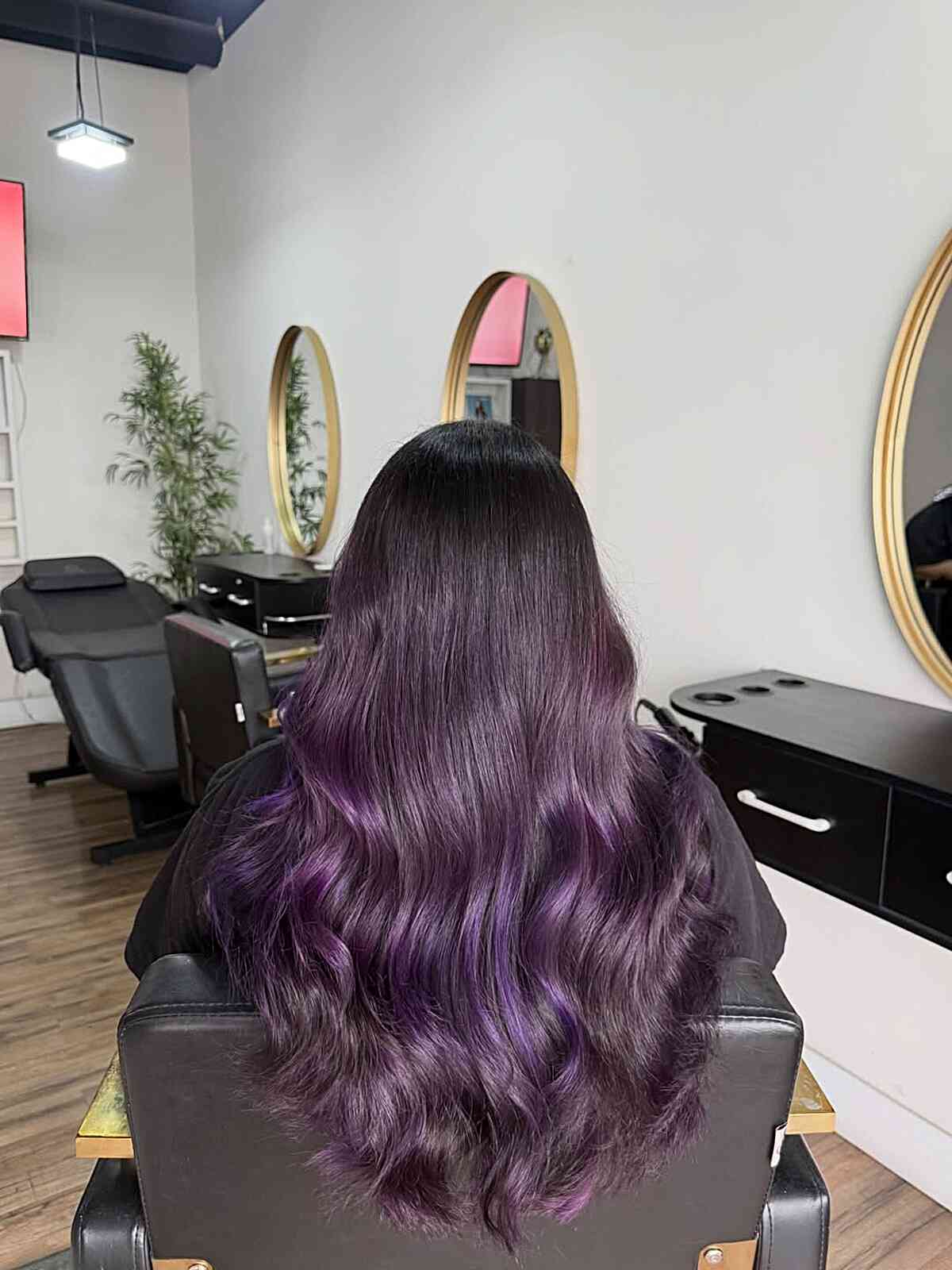 Mid-Back Dark Base With Purple Balayage Mid-Back Dark Base With Purple Balayage — Purple Hair Color Styles