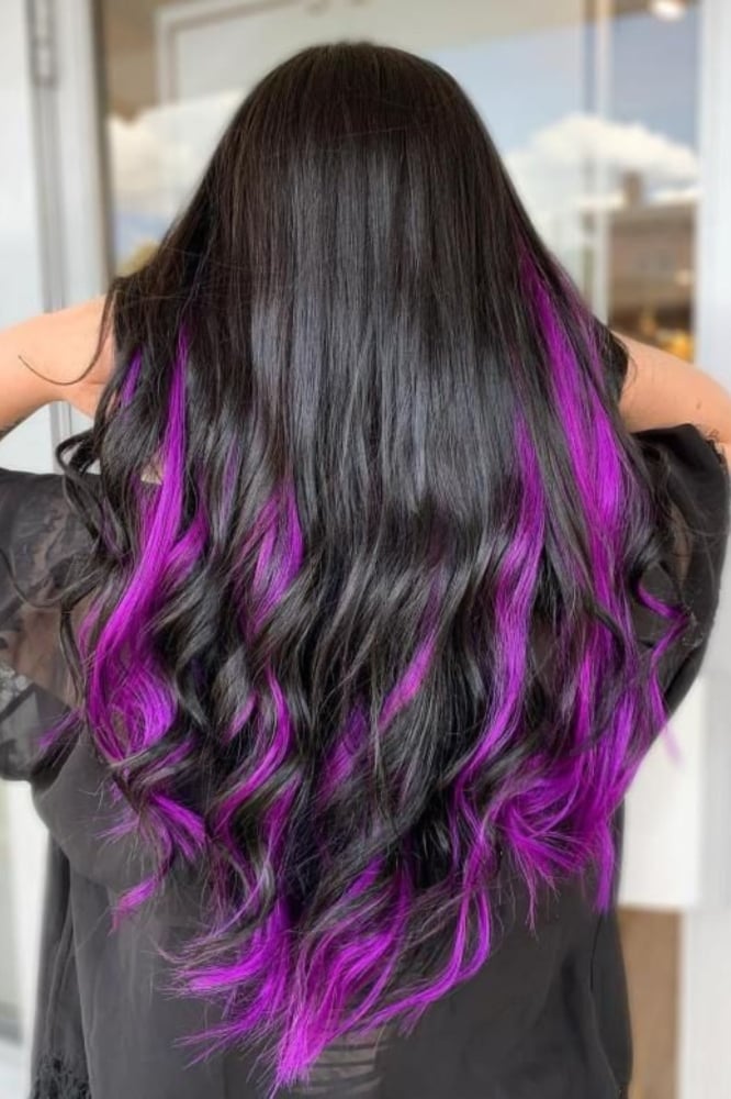 Mid-Back Dark Base With Vibrant Purple Highlights Mid-Back Dark Base With Vibrant Purple Highlights — Purple Hair Color Styles