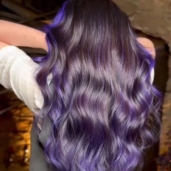 Mid-Back Dark Base With Purple Highlights And Balayage, Close-Up Take Mid-Back Dark Base With Purple Highlights And Balayage, Close-Up Take — Purple Hair Color Styles
