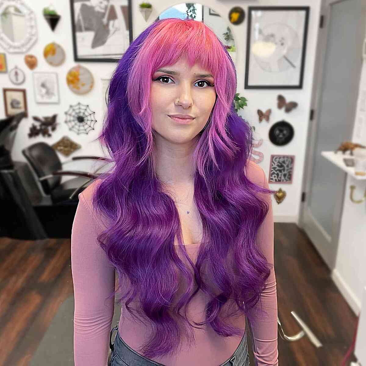 Mid-Back Pink And Purple Split Dye With Blunt Bangs Mid-Back Pink And Purple Split Dye With Blunt Bangs — Purple Hair Color Styles