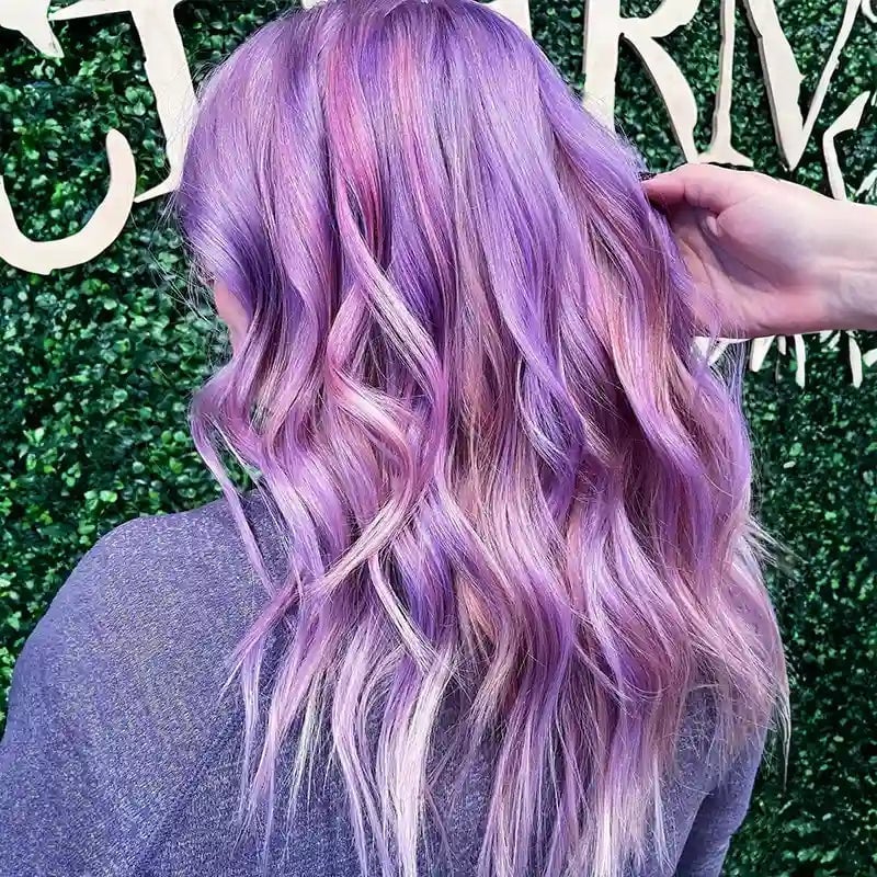 Mid-Back Half-Up Knot With Purple, Teal, Blue Highlights Mid-Back Half-Up Knot With Purple, Teal, Blue Highlights — Purple Hair Color Styles