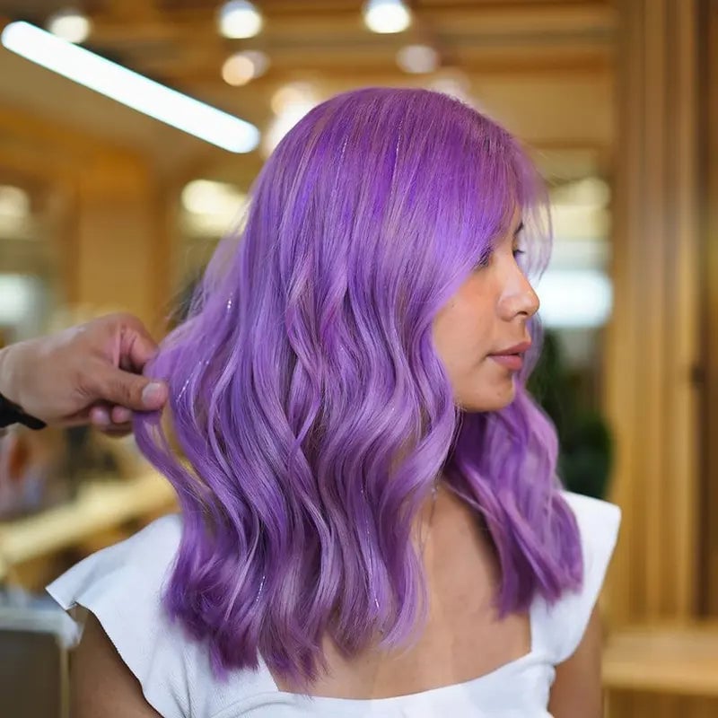 Collarbone Light Purple With Curtain Bangs Collarbone Light Purple With Curtain Bangs — Purple Hair Color Styles