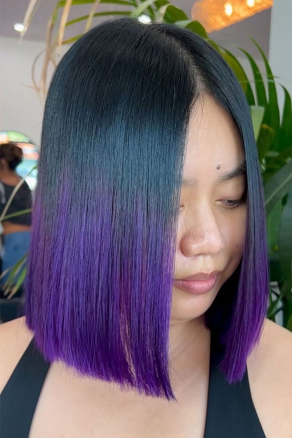 Collarbone Lob With Side-Swept Bangs And Purple Ombré Collarbone Lob With Side-Swept Bangs And Purple Ombré — Purple Hair Color Styles