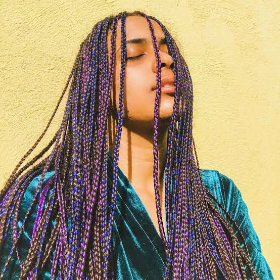 Mid-Back Box Braids With Purple Strands — Purple Hair Dye Styles