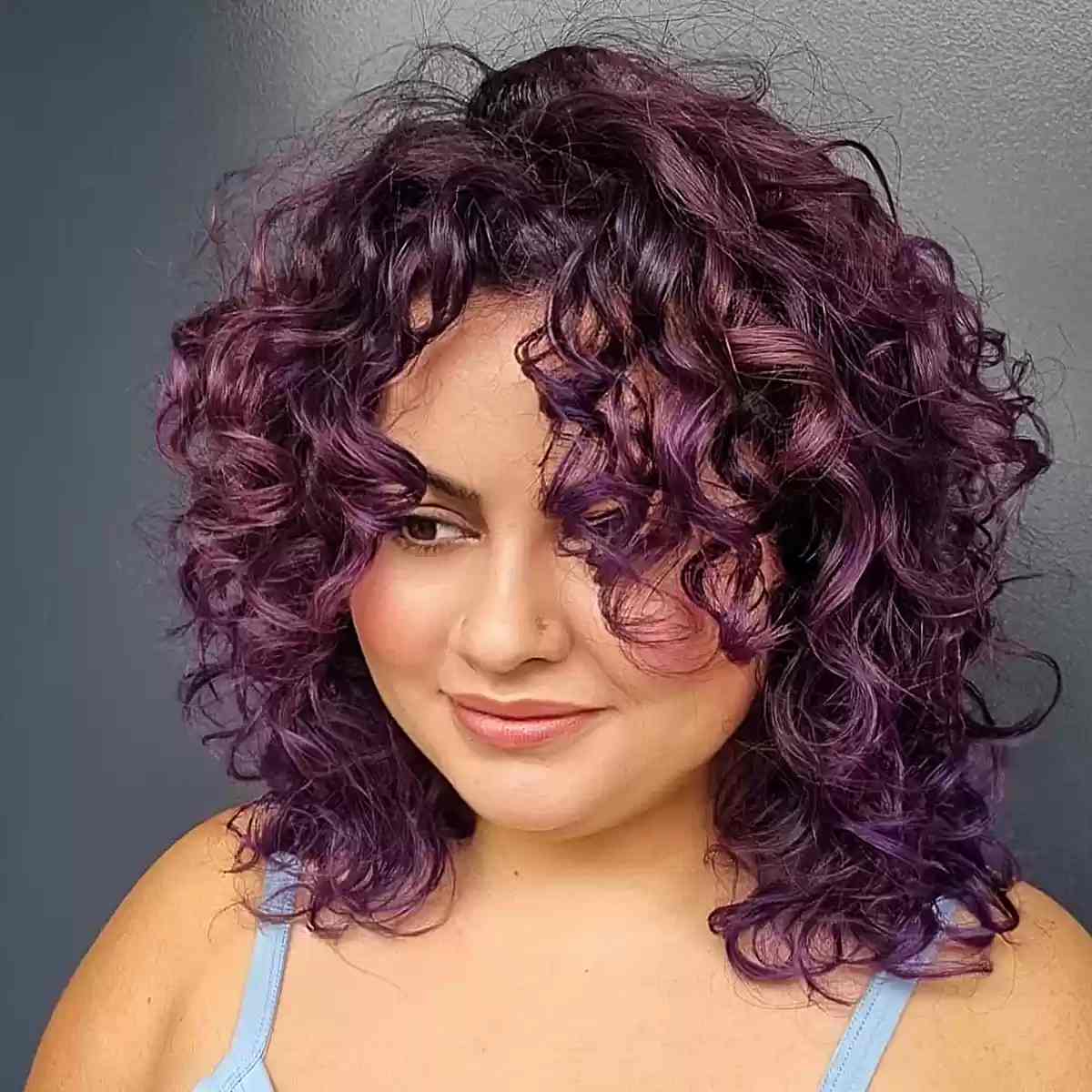 Shoulder Length Dark Purple Shag With Curls — Purple Hair Dye Styles