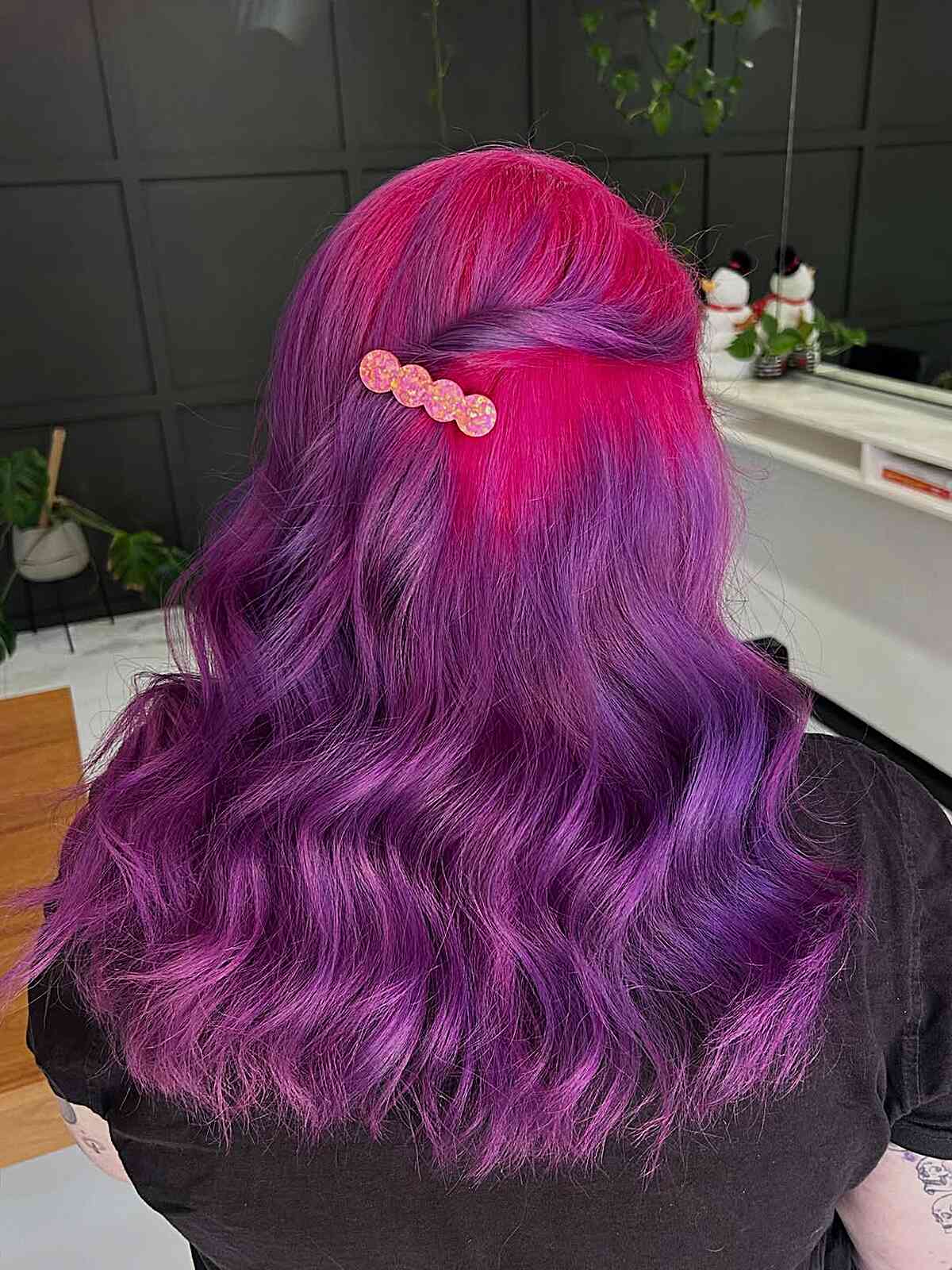 Collarbone Pink And Purple Balayage Waves — Purple Hair Dye Styles