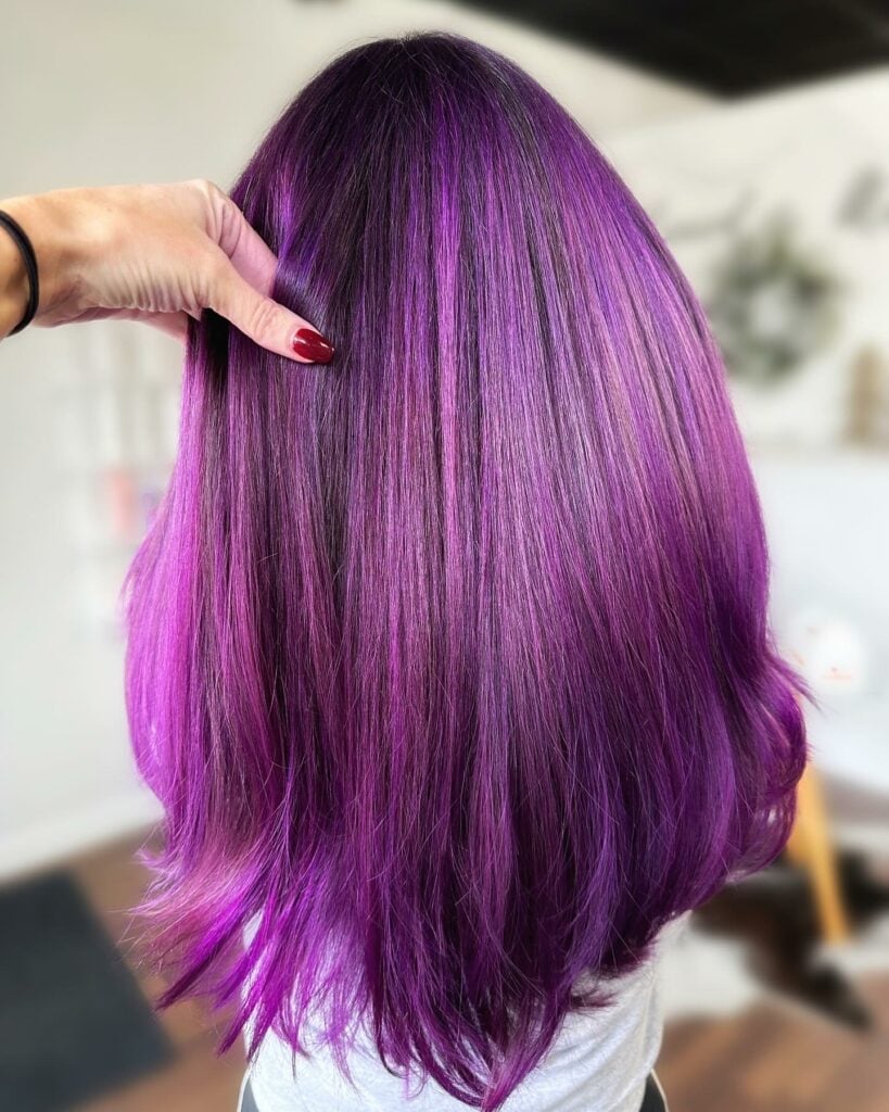 Mid-Back Straight Hair With Purple Balayage and Long Layers — Purple Hair Dye Styles