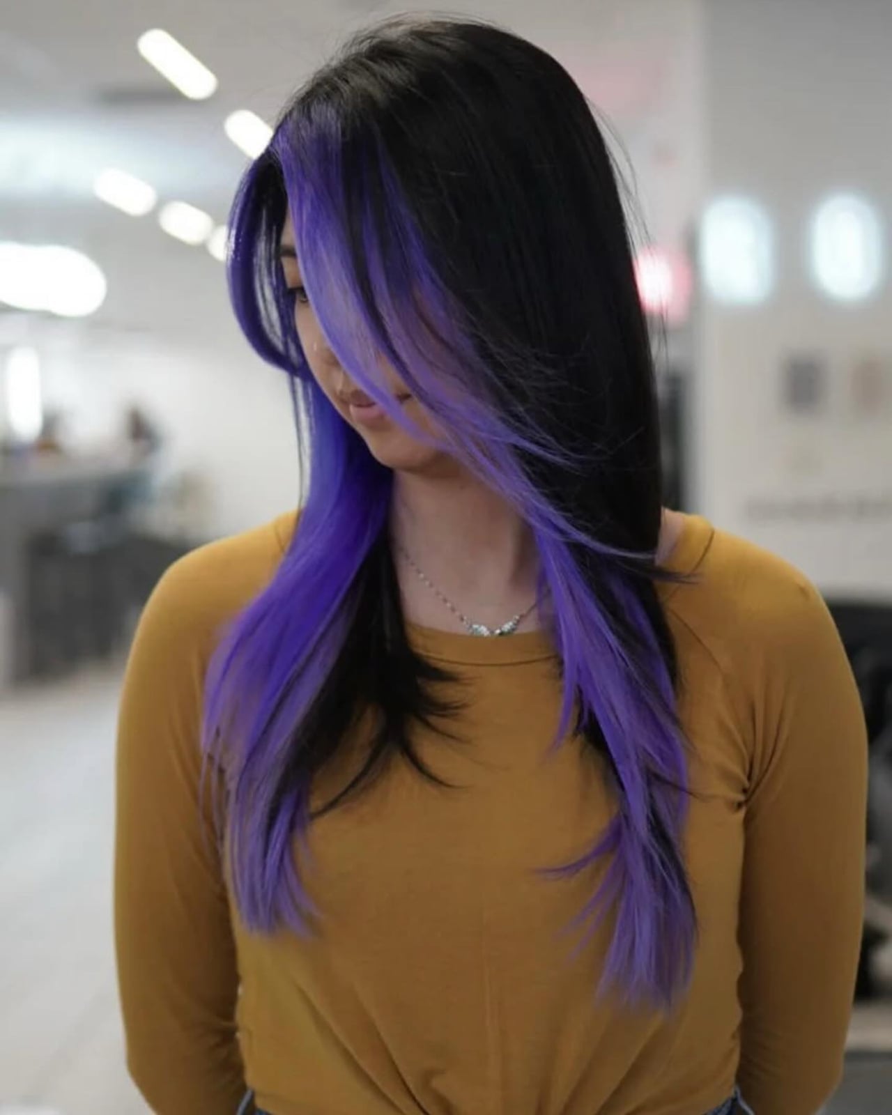 Collarbone Black With Bold Purple Streaks — Purple Hair Dye Styles