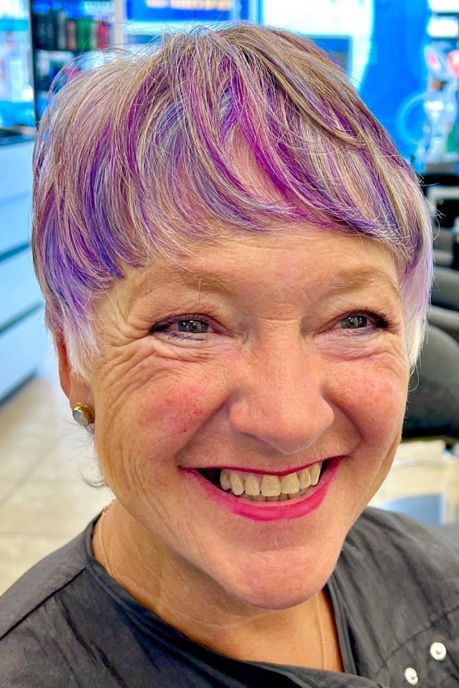 Short Grey Pixie With Purple And Pink Streaks — Purple Hair Dye Styles