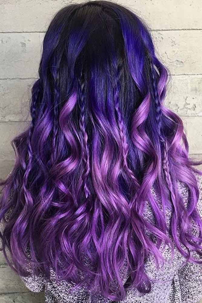 Mid-Back Purple Ombre With Highlights, Wavy — Purple Hair Dye Styles