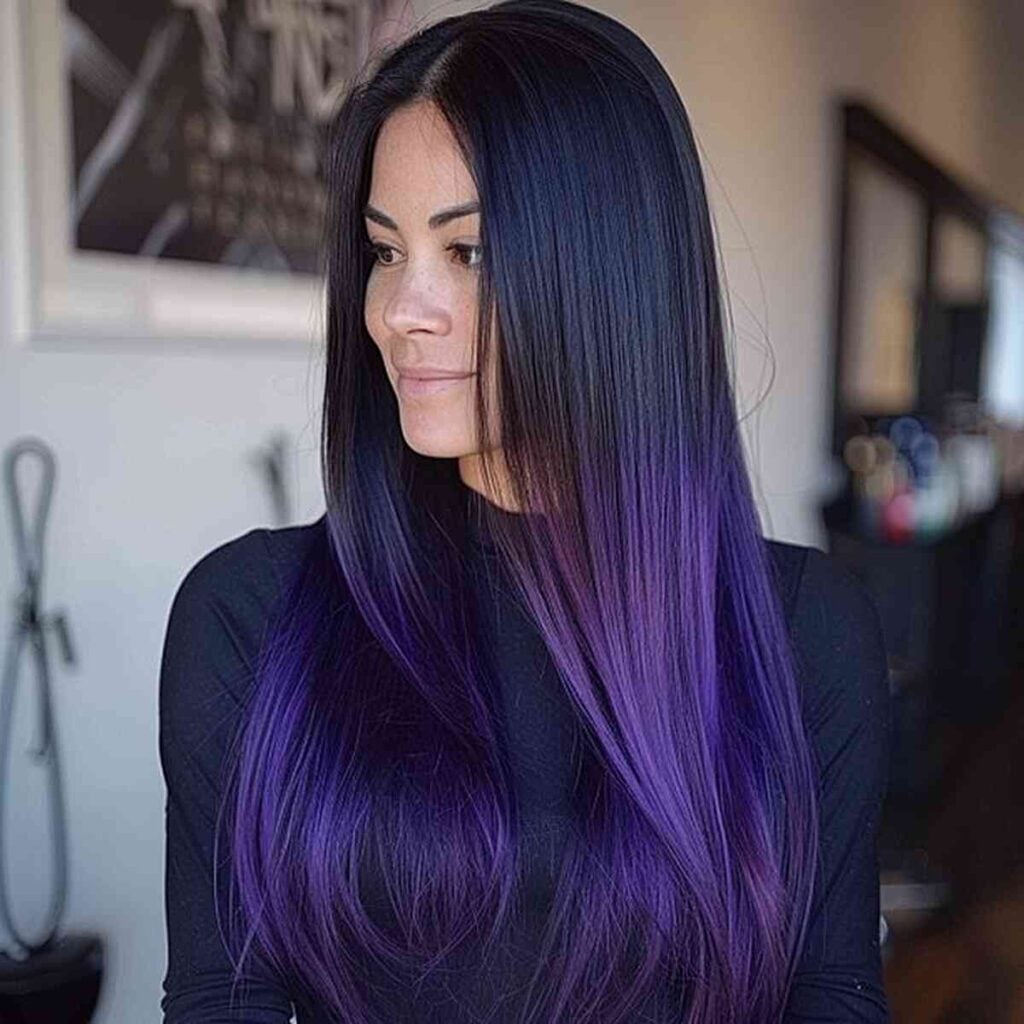 Mid-Back Black To Vibrant Purple Ombre — Purple Hair Dye Styles