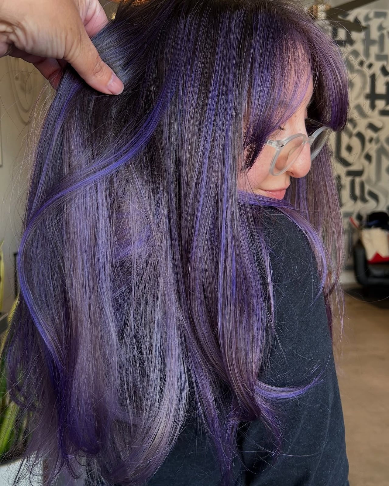 Mid-Back Ash Purple With Highlights and Blunt Bangs — Purple Hair Dye Styles