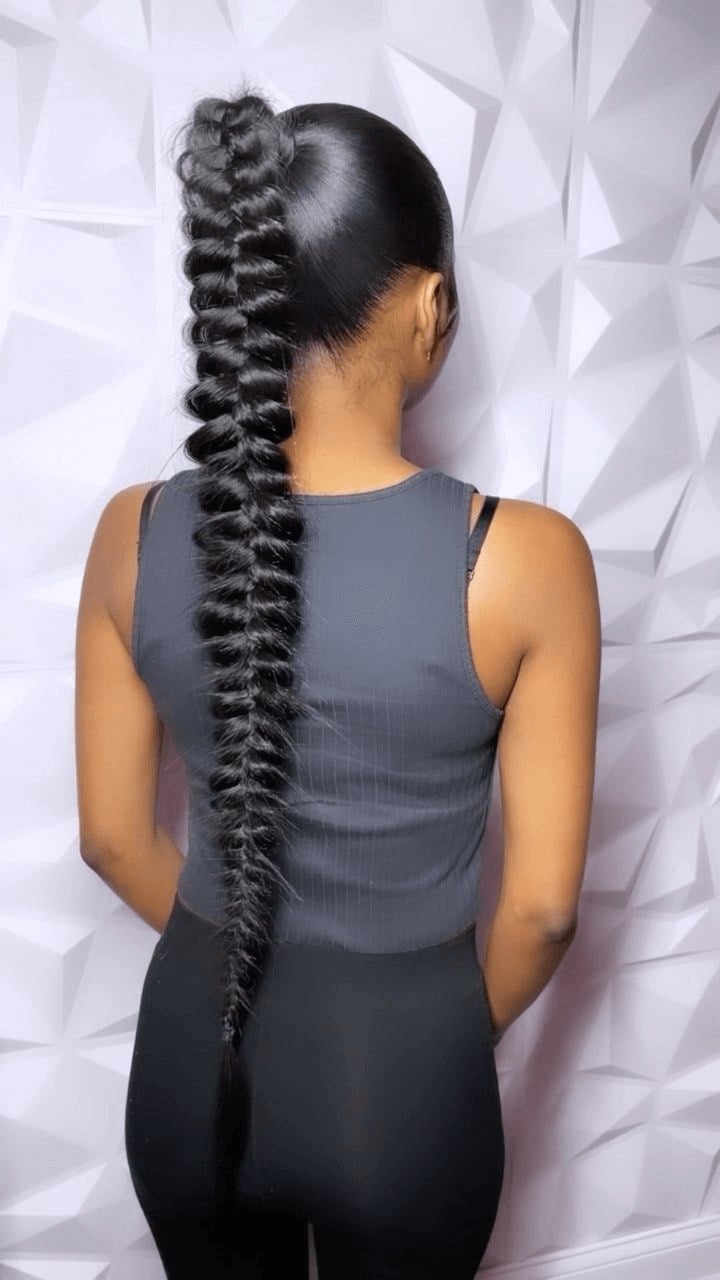 Mid-Back Black Fishtail Braid Ponytail Mid-Back Black Fishtail Braid Ponytail — Quick Weave Ponytail Ideas