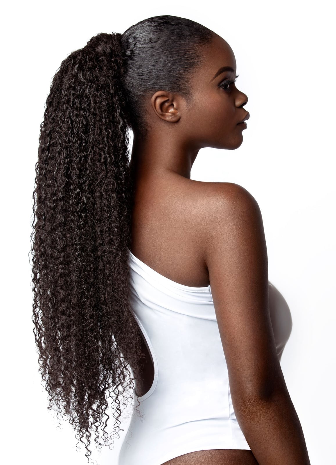Mid-Back Dark Brown Long Curly Ponytail Mid-Back Dark Brown Long Curly Ponytail — Quick Weave Ponytail Ideas