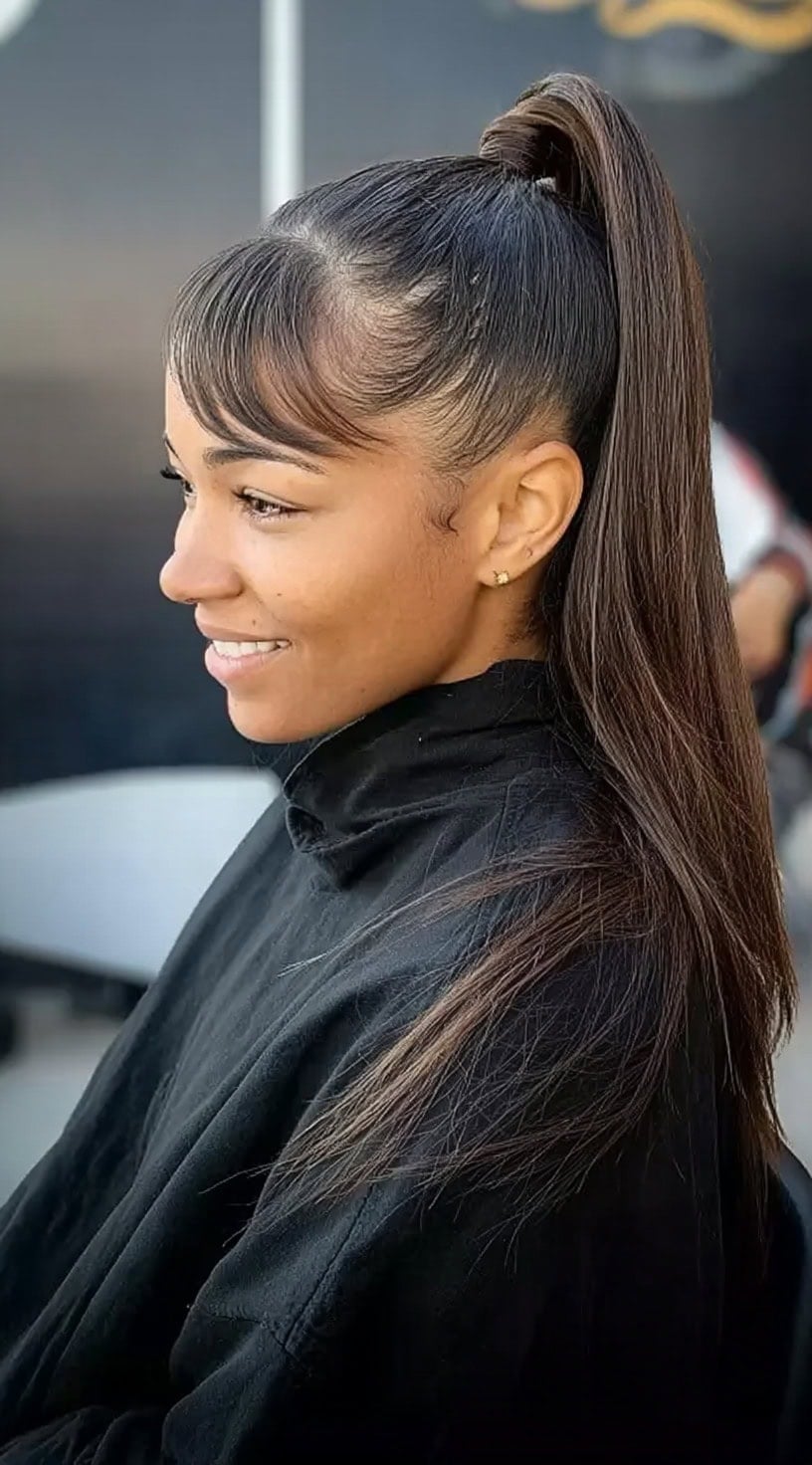 Mid-Back Ponytail With Wispy Bangs Mid-Back Ponytail With Wispy Bangs — Quick Weave Ponytail Ideas
