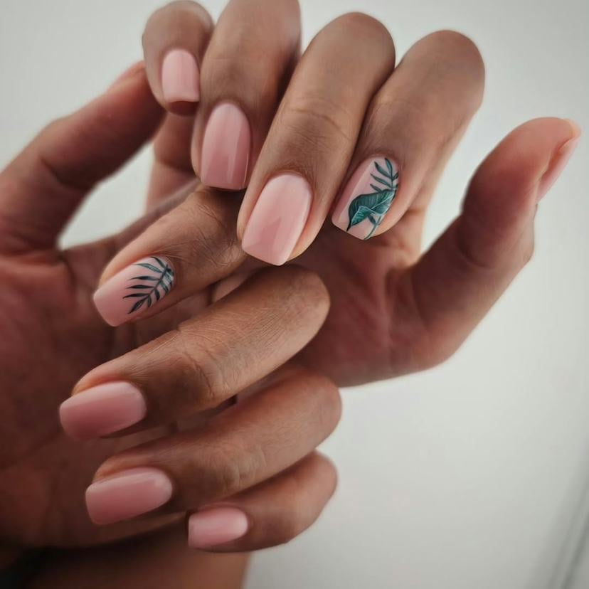 Pale Pink Square with Green Leaf Art Pale Pink Square with Green Leaf Art — Russian Manicure Designs