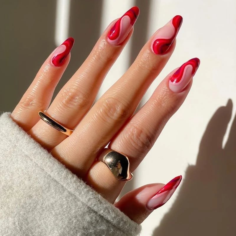 Abstract Wavy Red and Pink Stiletto Nails Abstract Wavy Red and Pink Stiletto Nails — Russian Manicure Designs