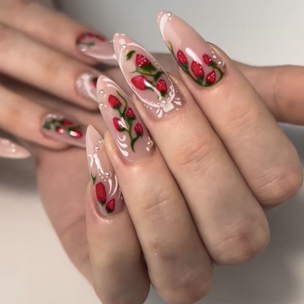 Strawberry and Pearl Long Stiletto Nails Strawberry and Pearl Long Stiletto Nails — Russian Manicure Designs
