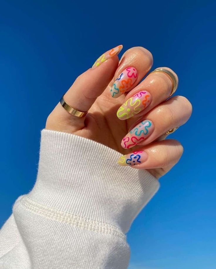 Neon Outline Flower Long Oval Nails Neon Outline Flower Long Oval Nails — Russian Manicure Designs