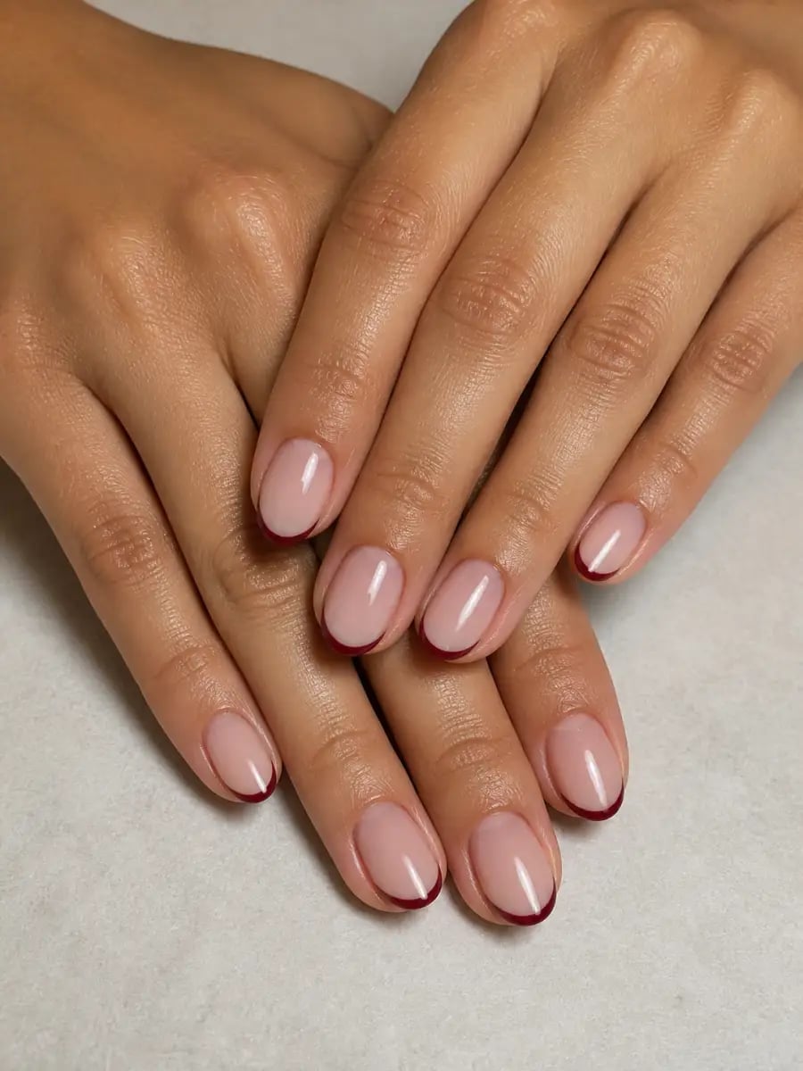 Sheer Nude Red Edge Short Oval French Nails Sheer Nude Red Edge Short Oval French Nails — Short Nail Art Ideas