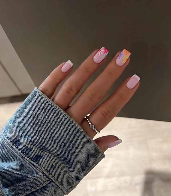 Watercolor Floral French Short Square Watercolor Floral French Short Square — Short Nails Color Designs