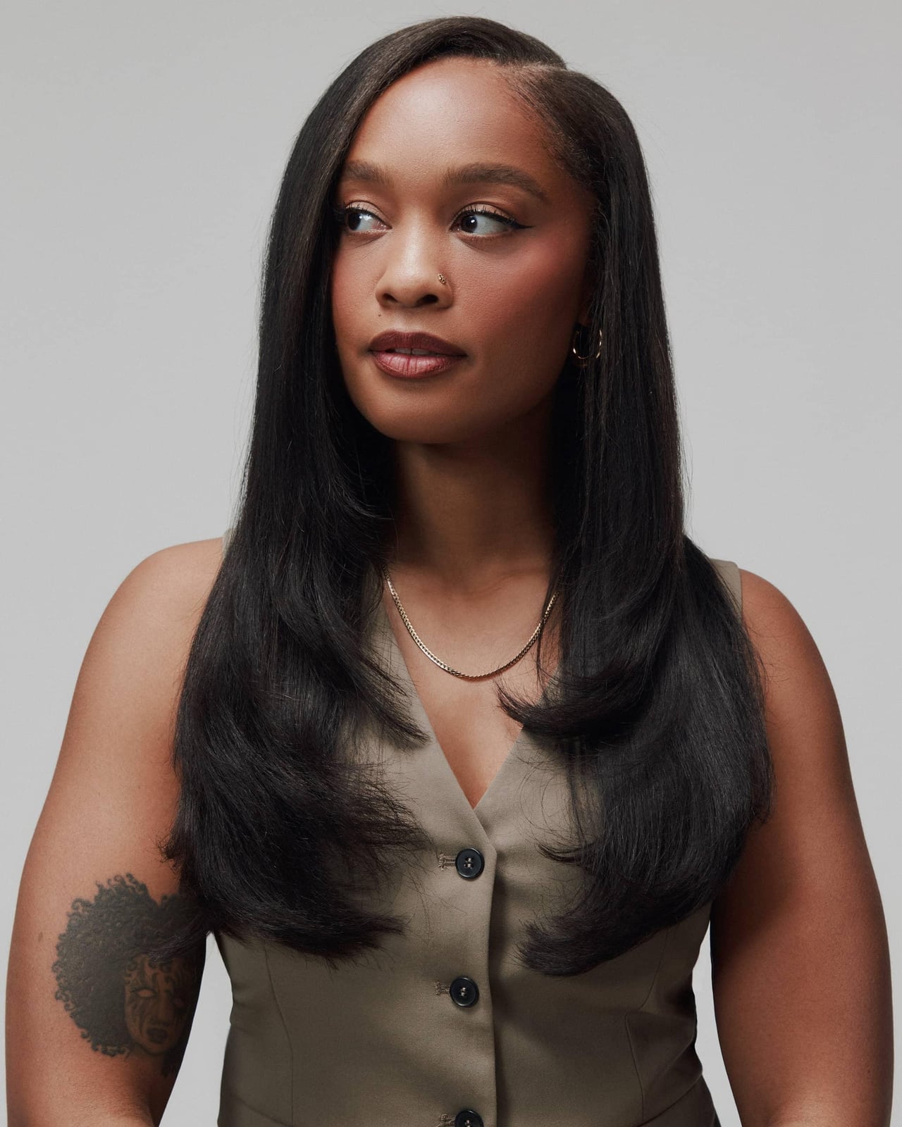 Black Mid-Back Hair With Curtain Bangs — Silk Press Ideas