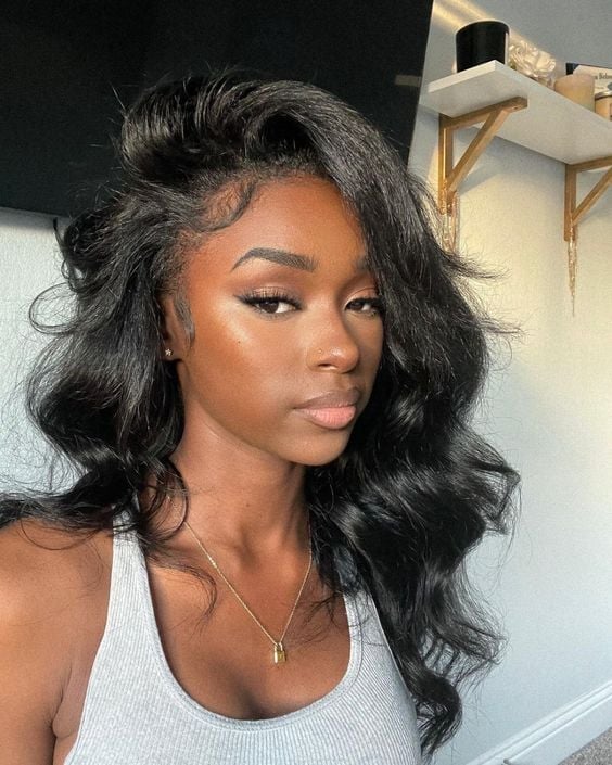 Dark Brown Hair With Side Swept Bangs — Silk Press Ideas