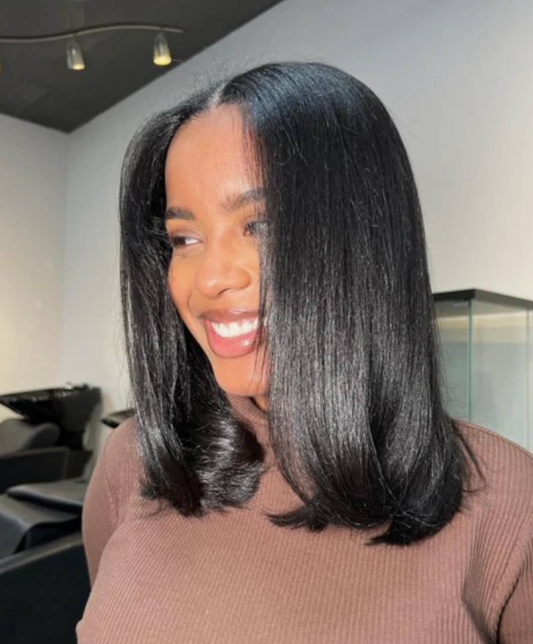 Black Collarbone Bob With Curtain Bangs — Silk Press Ideas