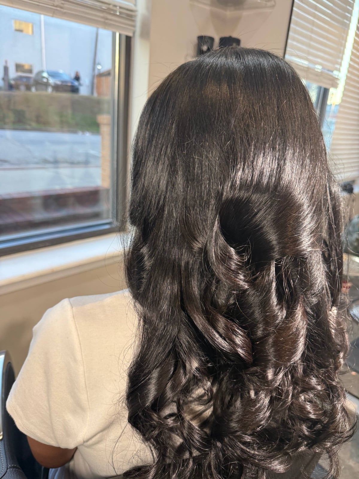 Glossy Dark Brown Mid-Back Curls — Silk Press Ideas