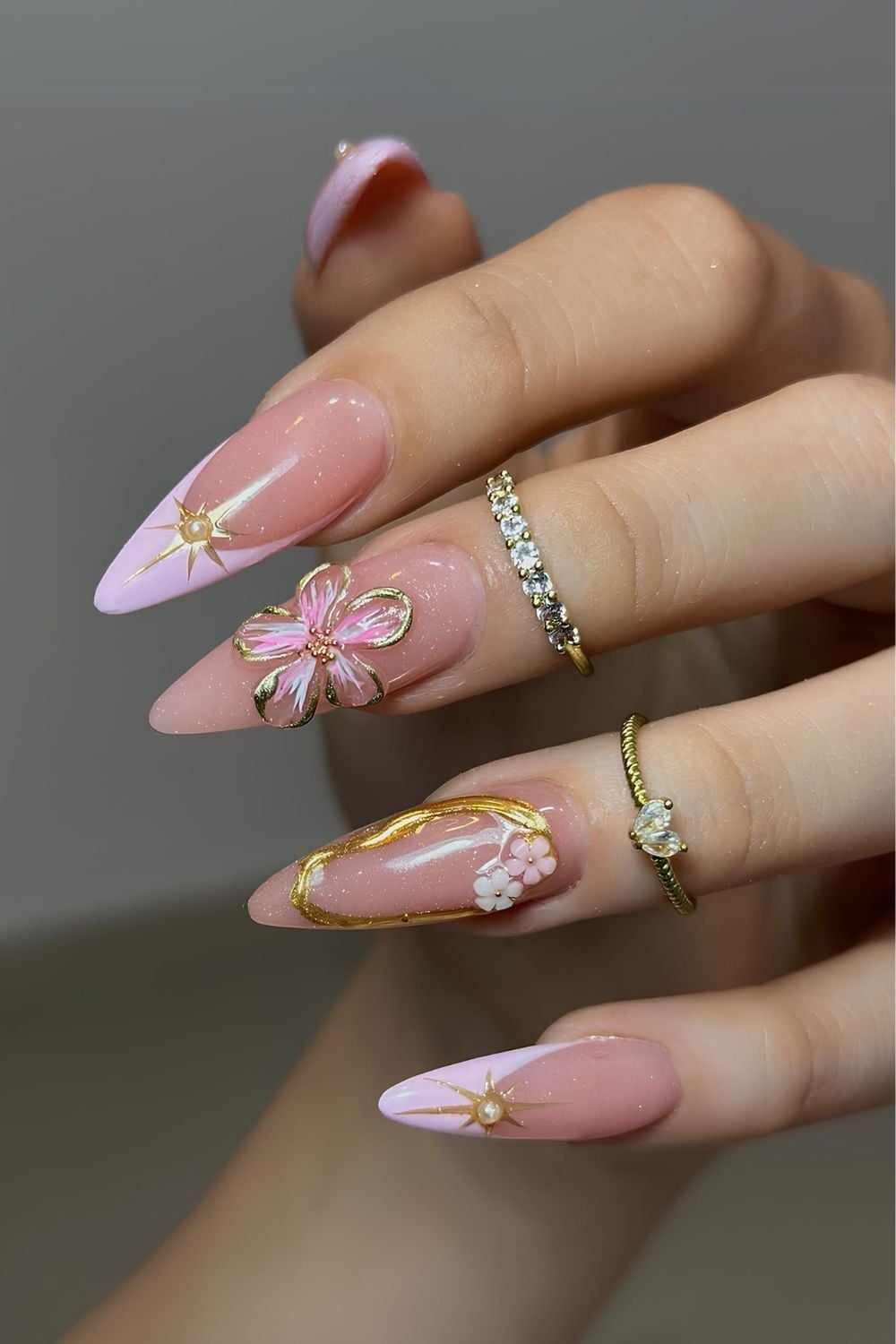 Long Almond Nails With Pink French Tip 3D Flowers — Simple 3D Nails