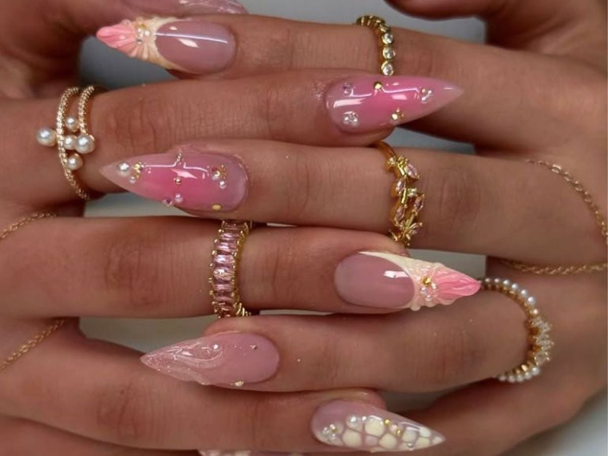 Long Stiletto Nails With Pink White French Tip 3D Flowers, Small — Simple 3D Nails
