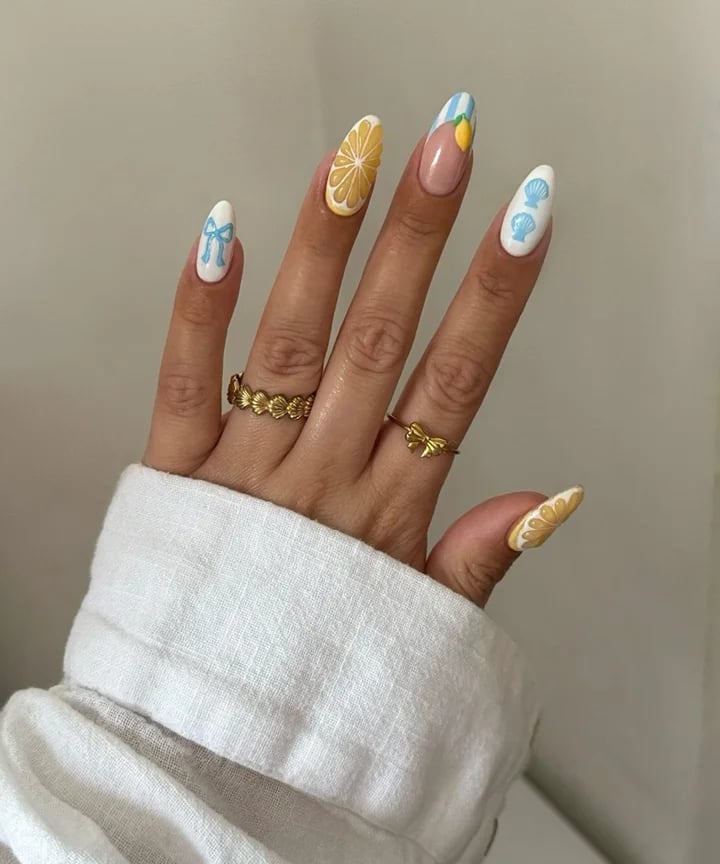 Medium Almond Nails With Lemon Slices Blue Bows — Simple 3D Nails
