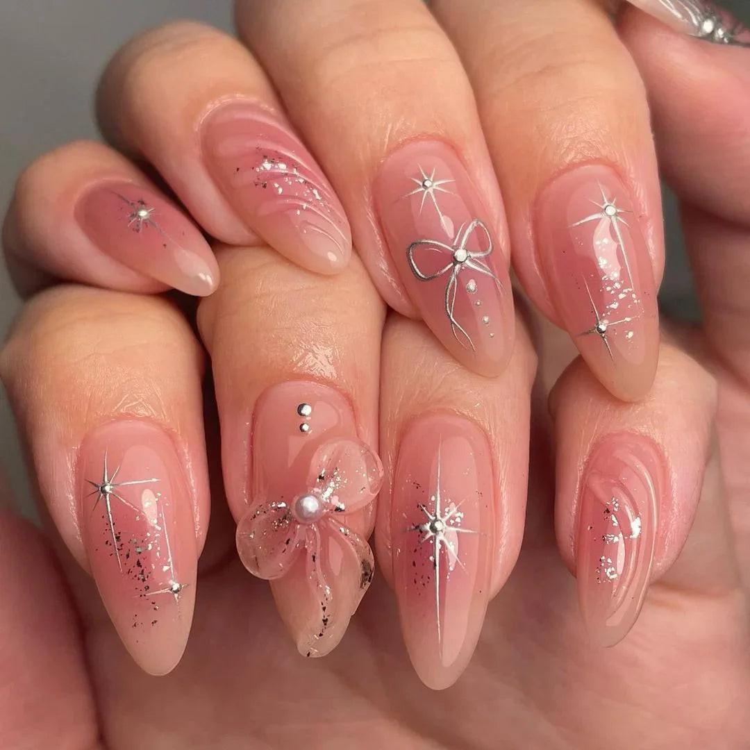 Sheer Pink Almond Nails With 3D Bows And Stars — Simple 3D Nails