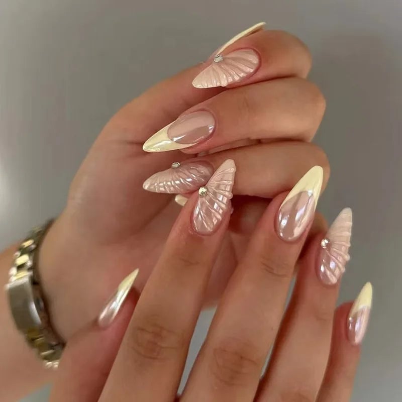Short Square Nails With Nude Yellow French Tip Shell — Simple 3D Nails