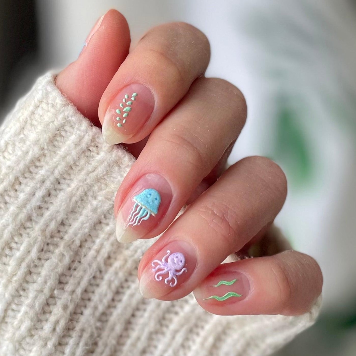 Medium Almond Nails With 3D Sea Creatures — Simple 3D Nails