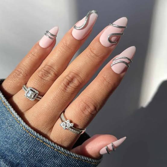 Matte Pink Almond Nails With Glossy Silver Spirals — Simple 3D Nails