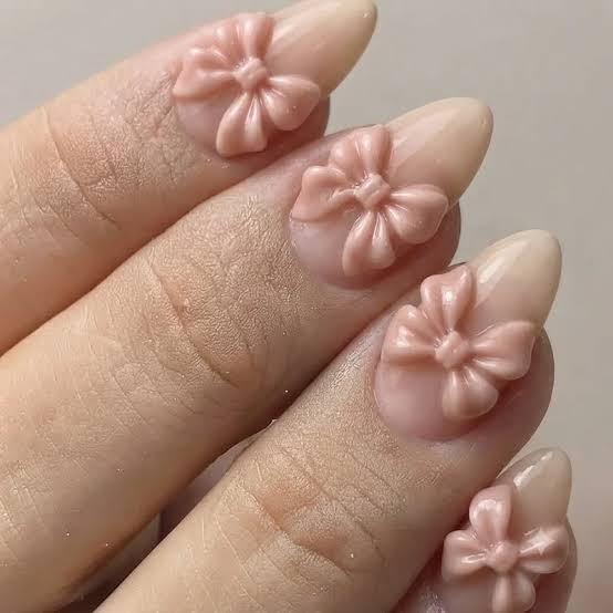 Milky Pink Almond Nails With 3D Bows — Simple 3D Nails