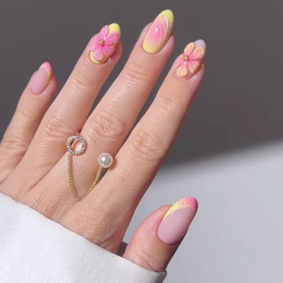 Medium Almond Nails With Pink White 3D Flowers — Simple 3D Nails