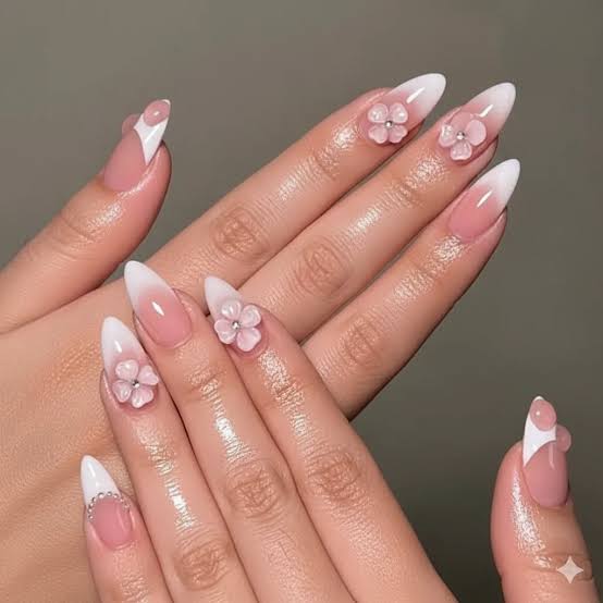 Medium Almond Nails With Pink White French Tip 3D Flowers, Glossy — Simple 3D Nails
