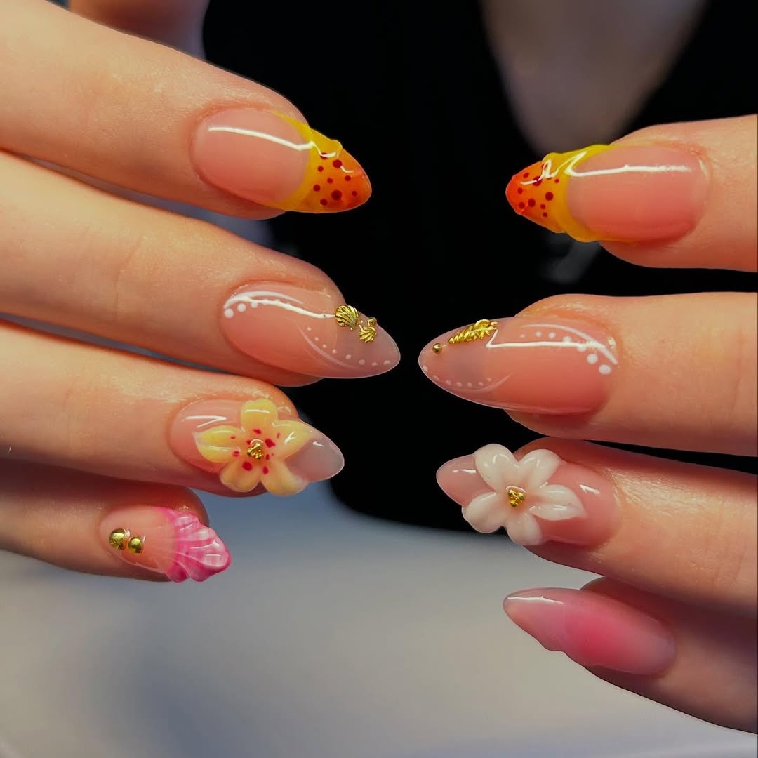 Sheer Pink Almond Nails With Yellow 3D Flowers — Simple 3D Nails