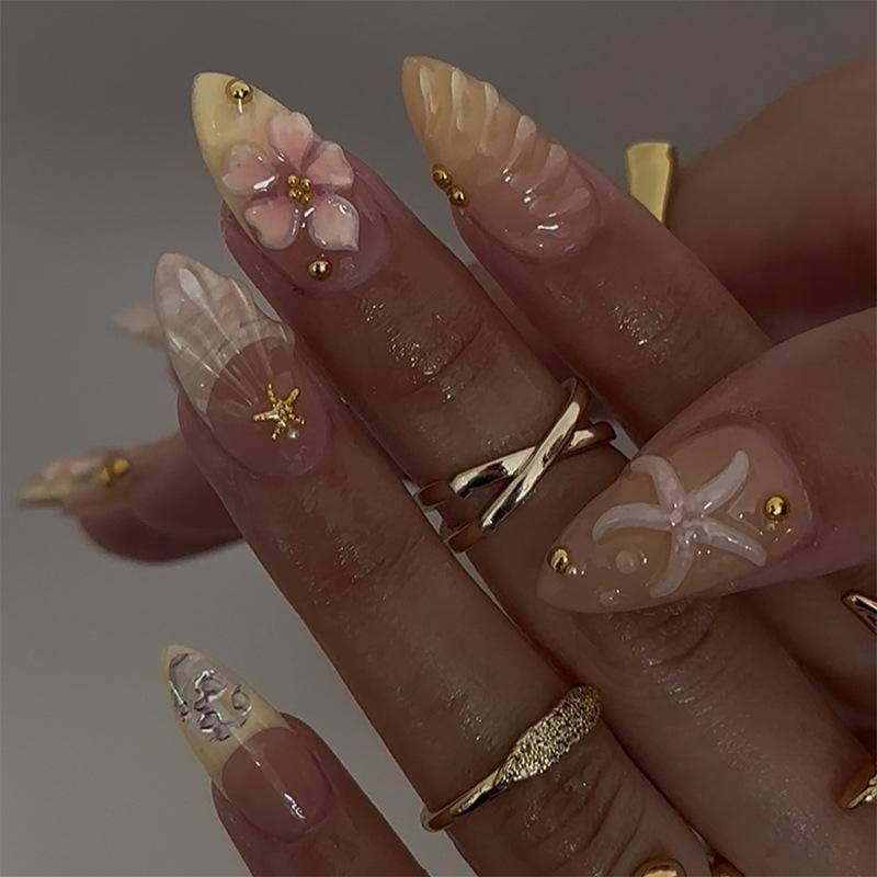 Medium Almond Nails With 3D Flowers And Gold Accents — Simple 3D Nails