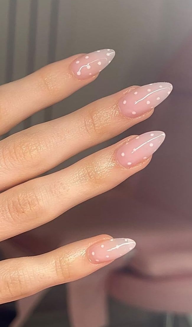 Long Almond Pink With White Polka Dots Long Almond Pink With White Polka Dots — Simple Almond Nails