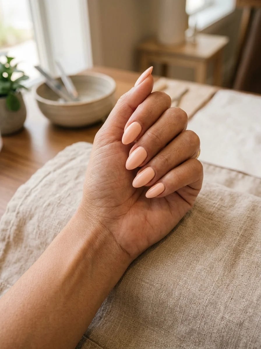 Uniform Glossy Peachy Nude Almond Nails Uniform Glossy Peachy Nude Almond Nails — Simple Almond Nails