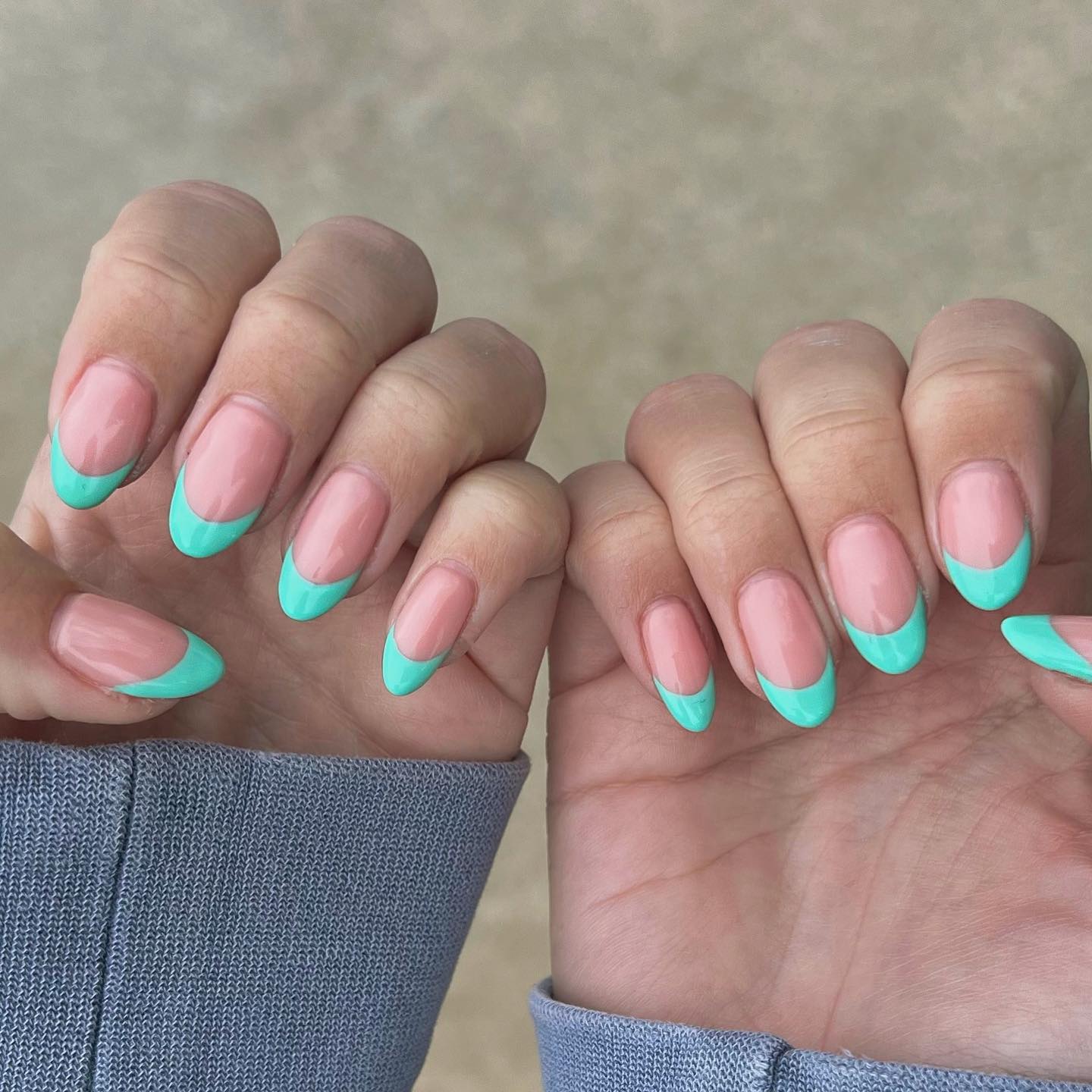 Short Almond Pink Nude With Mint Green French Tips Short Almond Pink Nude With Mint Green French Tips — Simple Almond Nails