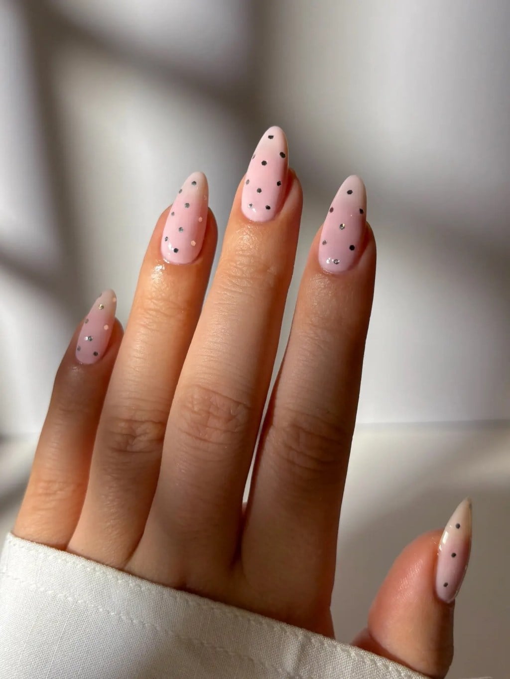 Pale Pink Almond Nails With Black Dots And Glitter Pale Pink Almond Nails With Black Dots And Glitter — Simple Almond Nails