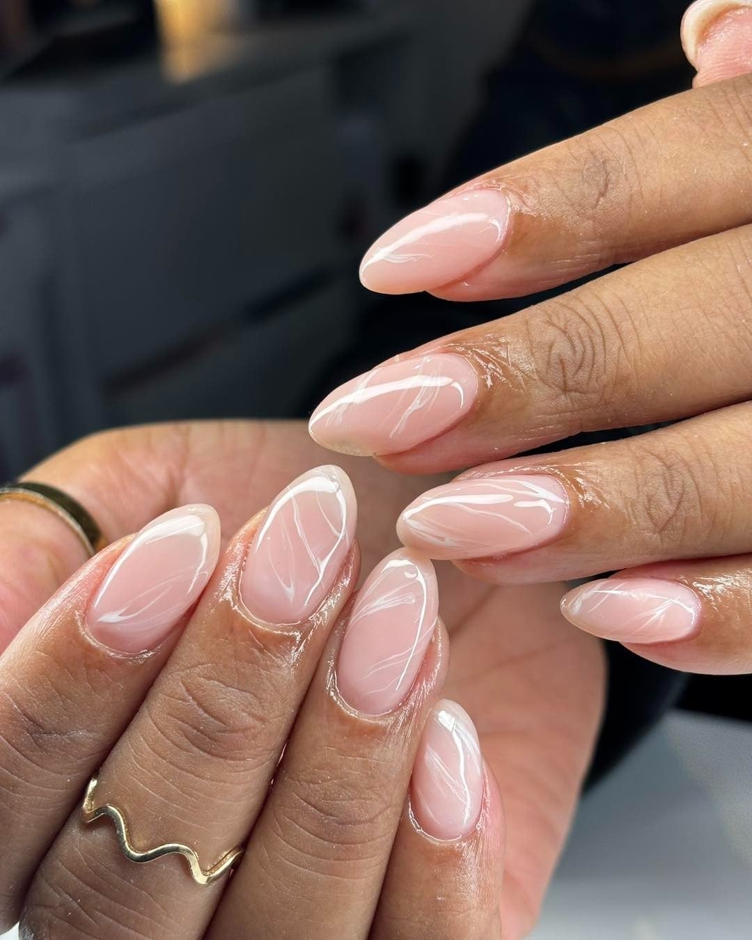 Sheer Pink Almond Nails With Marble Swirls Sheer Pink Almond Nails With Marble Swirls — Simple Almond Nails
