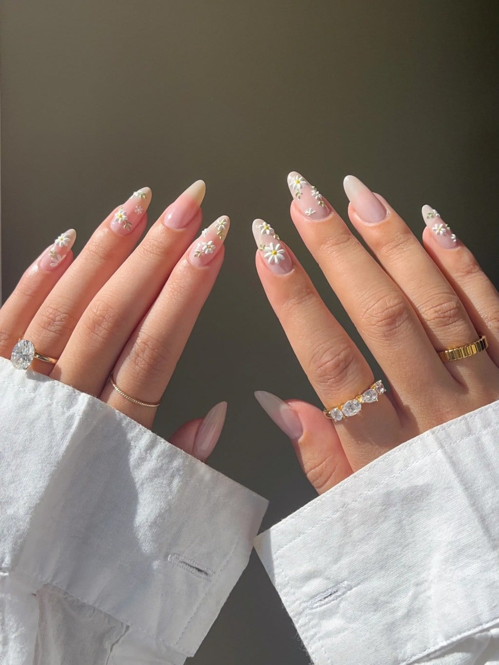Nude Almond Nails With White Flower Design Nude Almond Nails With White Flower Design — Simple Almond Nails