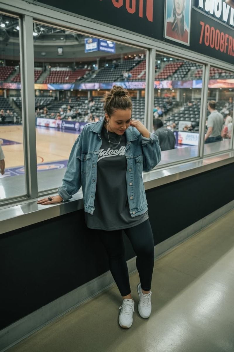 Denim Jacket with Grey T-Shirt and Black Leggings Denim Jacket with Grey T-Shirt and Black Leggings — Simple Basketball Game Outfits
