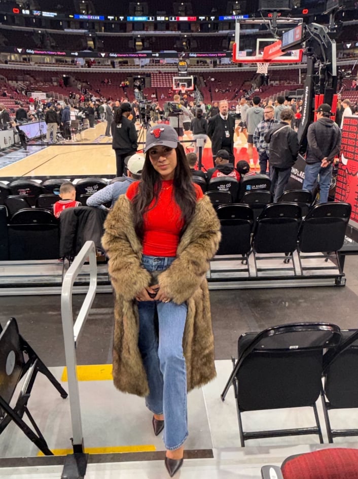 Fur Coat Over Turtleneck with Flared Jeans Fur Coat Over Turtleneck with Flared Jeans — Simple Basketball Game Outfits